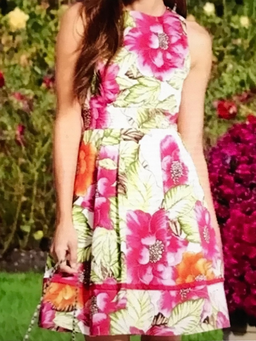 Eliza J. Fit & Flare Pleated Skirt Floral Cotton Midi Dress Pink White Size 12